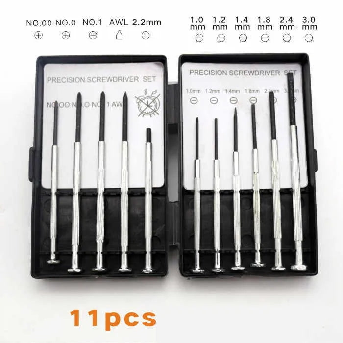 TH6177 11-piece clock screwdriver set with crosshead and flathead tools on a white background.