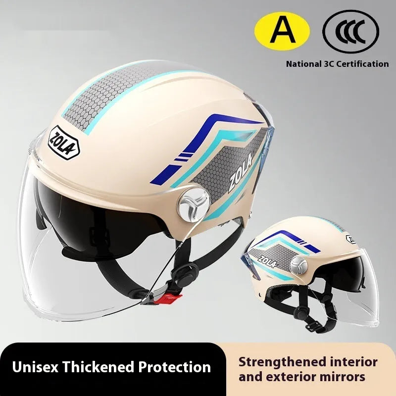 Men's and women's battery motorcycle half helmet with double mirror visor in light brown colour, 3C-certified ABS construction