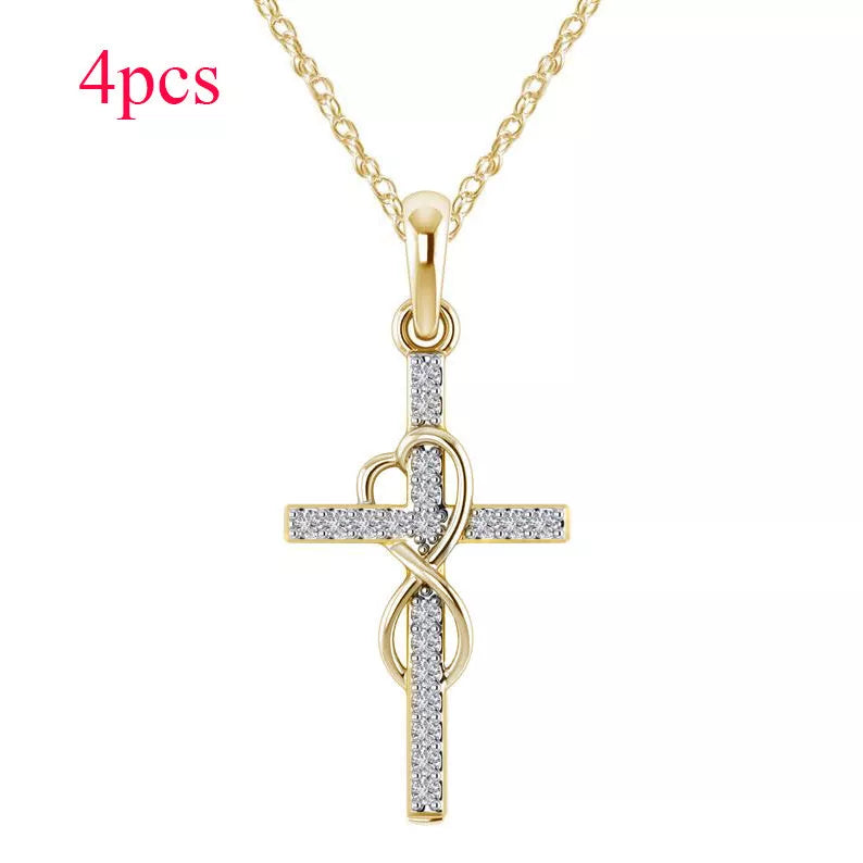 Alloy pendant necklace with diamond and eight-character cross design in gold, silver, and rose gold