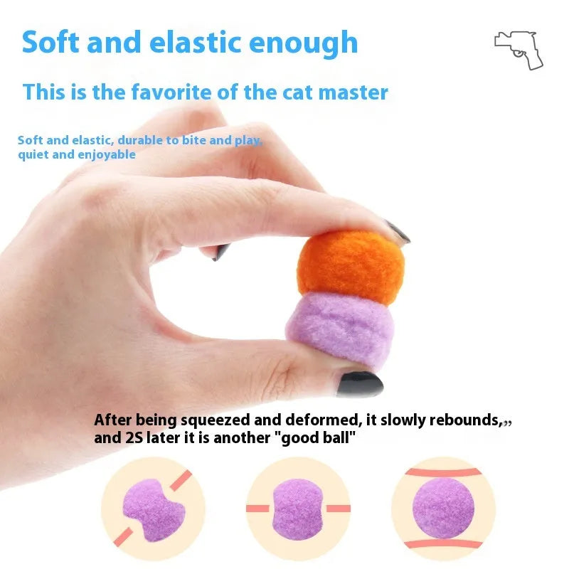 Interactive plastic pet toy gun and soft plush yarn balls on a carpet for fetch games.