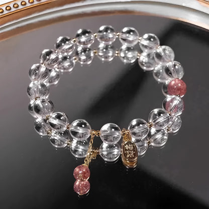 Handmade white crystal bracelet with 8mm beads and U-shaped design on wrist