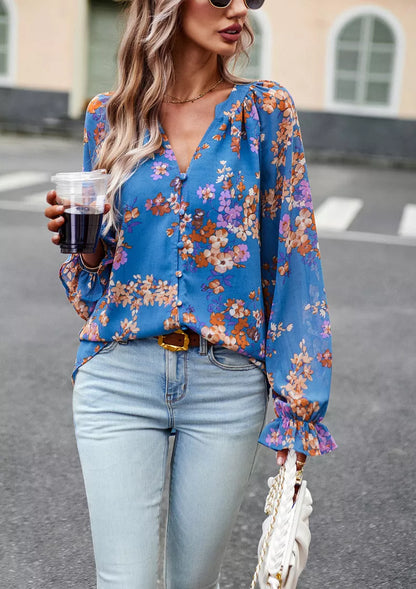 Women's floral print V-neck long sleeve chiffon blouse in black, blue, and apricot