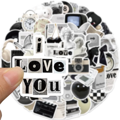 Black and white PVC sticker collection with 61 pieces for laptop and device customisation and protection