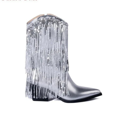 Women's black chunky heel tassel boots with pointed toe and 8cm+ stiletto heel on a neutral background