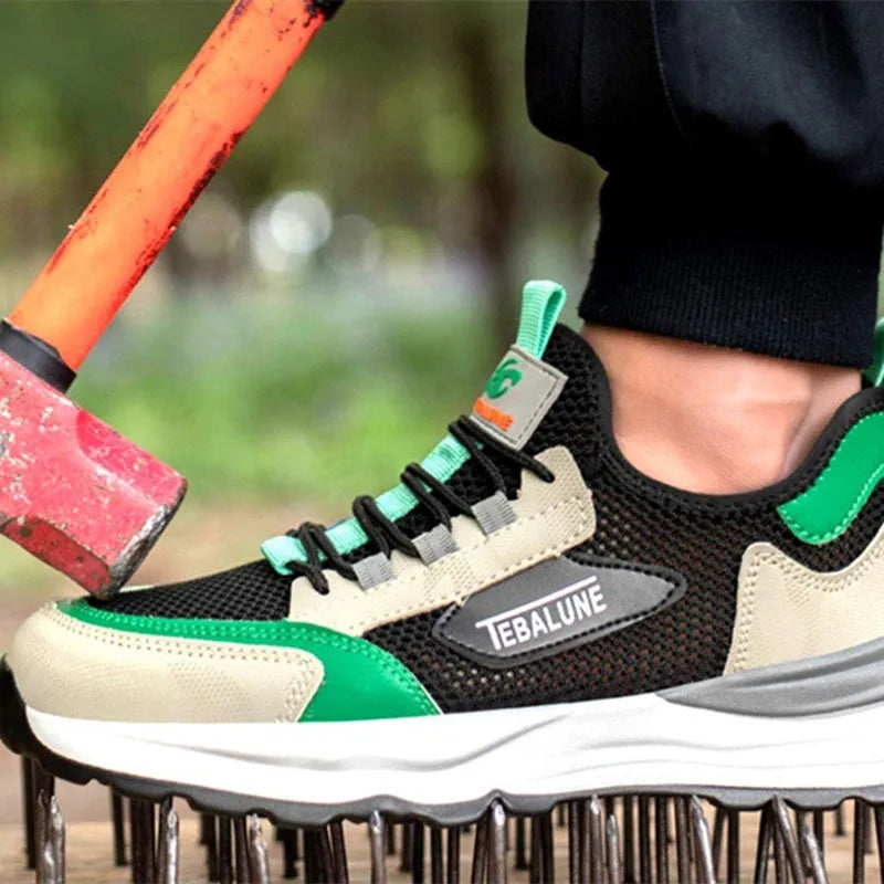 Men's black-green mesh work shoes with plastic steel toe protection and slip-on design
