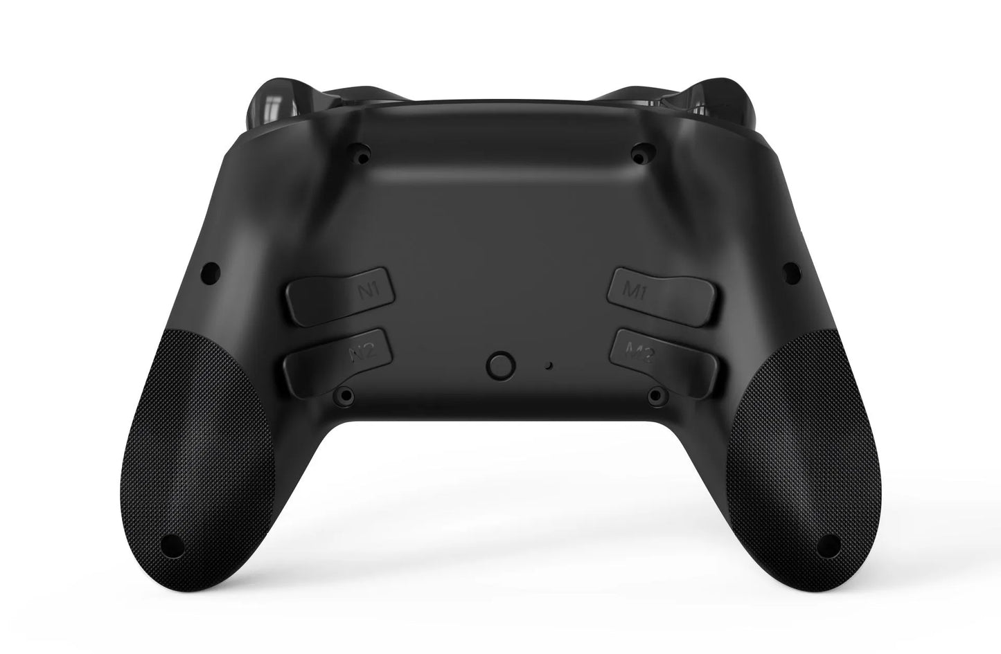 Black wireless game controller with leather-textured ABS plastic body, showing dimensions and Type-C port