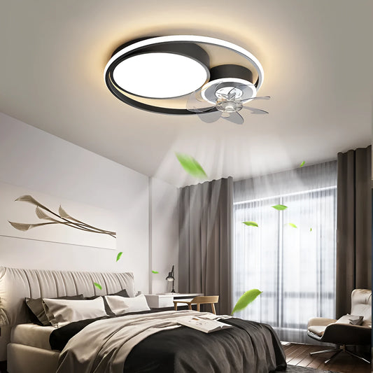 48cm ceiling fan lamp with light in black or gold finish, showing metal blades and acrylic shade