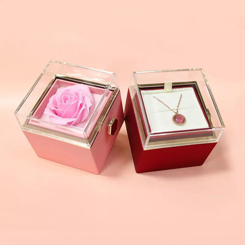 Rotating soap flower rose gift box with jewelry drawer in red, blue, lake blue, or pink