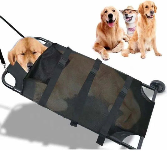 Black aluminium alloy pet stretcher shown extended and folded with carrying straps