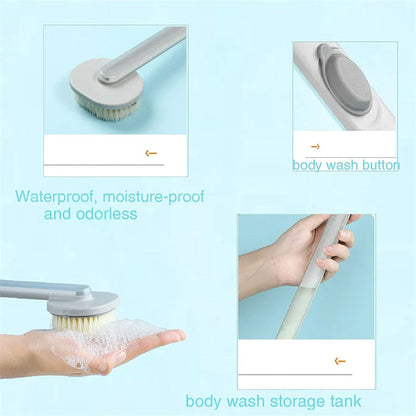 Dual-purpose shower brush with detachable head and built-in shower gel reservoir
