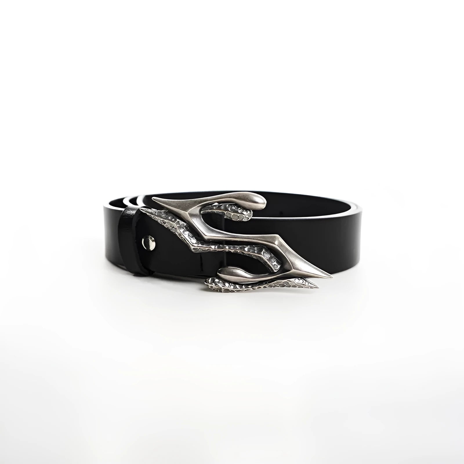 Black men's double-layer cowhide leather belt with a polished metal letter buckle, laid flat showing its 110cm length.