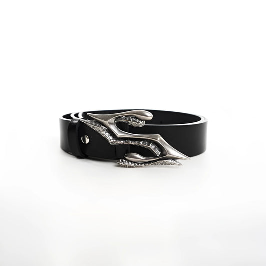 Black men's leather belt with a metal letter buckle, showing the full 110cm length and two-layer cowhide construction.