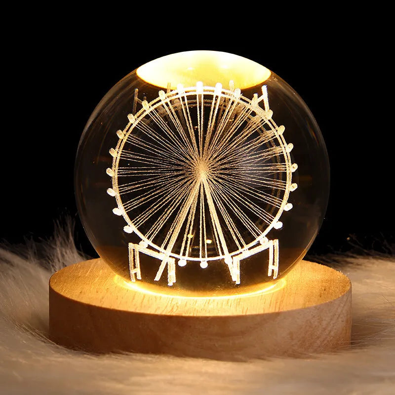 Crystal ball night light projecting 3D starry sky and planets with solid wood base