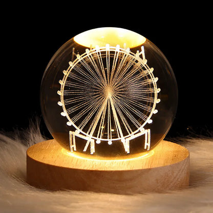 Crystal ball night light projecting 3D starry sky and planets with solid wood base