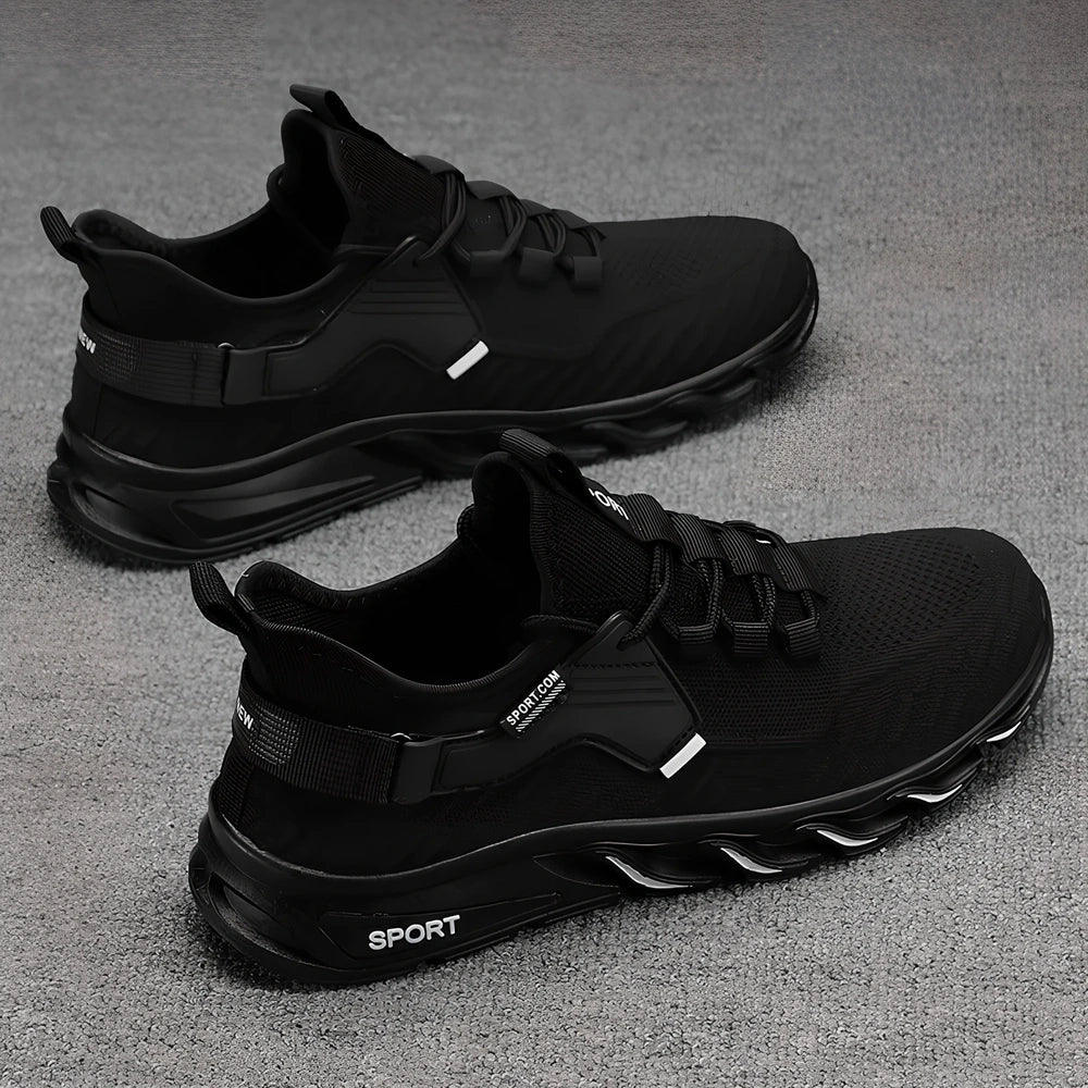 Black and blue Flying Woven Breathable Mesh Shoes with flat heel and rubber sole, EU 39-44 sizes for sports