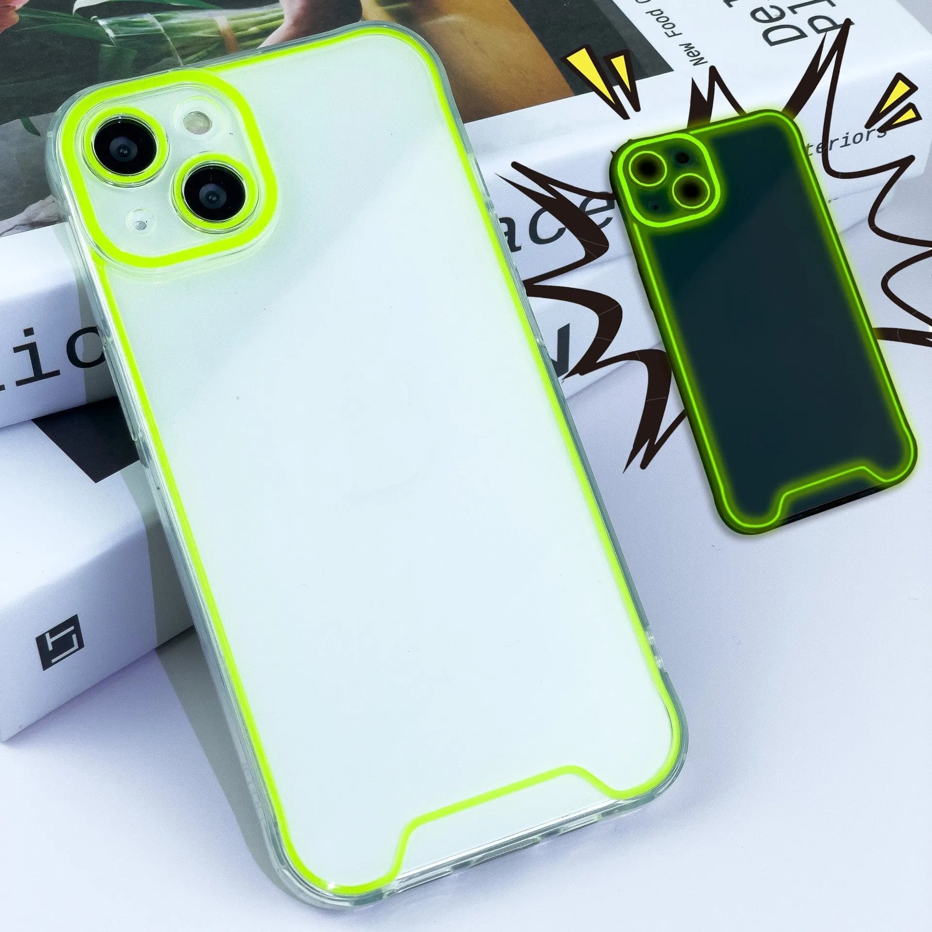 Glow-in-the-dark soft TPU iPhone case in green, orange, blue, yellow, or pink on an iPhone