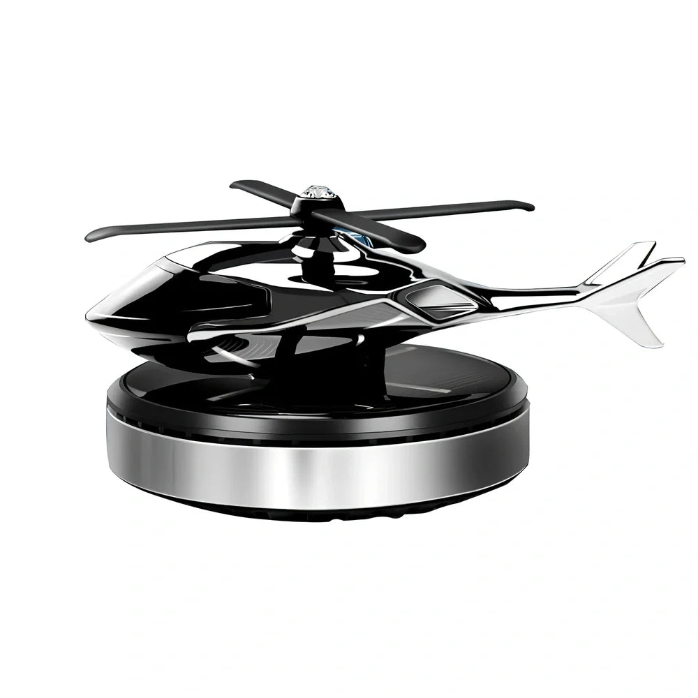 Solar helicopter car air freshener with rotating propeller on metal base, 180g weight