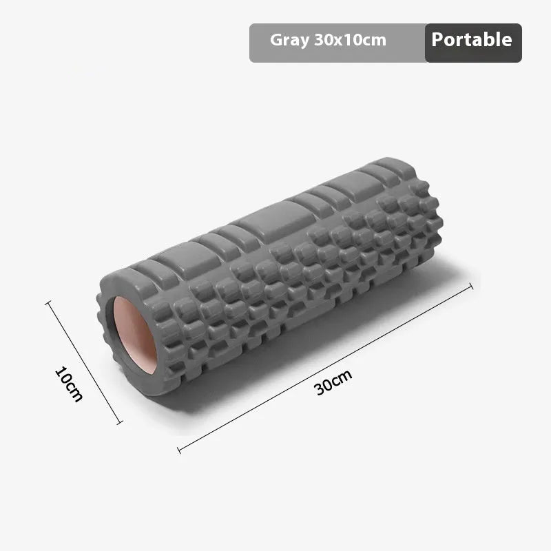 EVA foam roller in black, grey, pink, sky blue, or light purple, showing cylindrical shape for fitness recovery