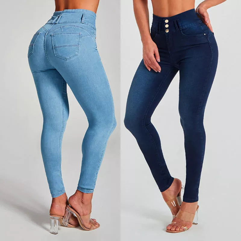 Women's high waist skinny jeans in dark blue and light blue, sizes S-XXL