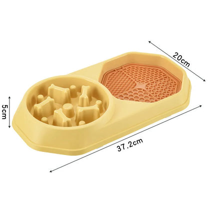 Blue interactive slow feeder dog bowl with maze pattern and non-slip base on a kitchen floor.