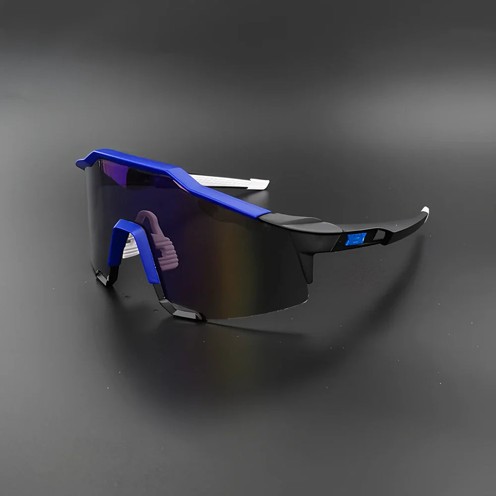 Cycling glasses with interchangeable lenses showing UV400 protection and lightweight frame design
