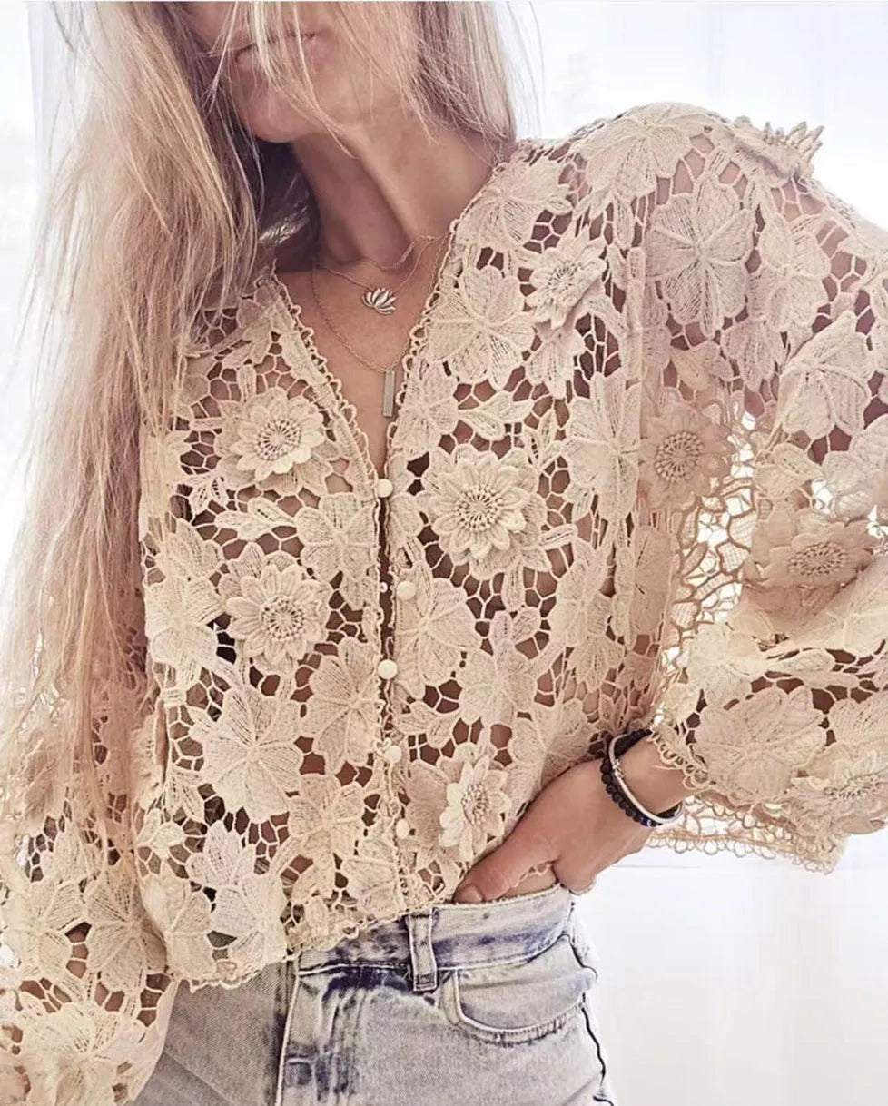 Polyester lace cardigan with three-dimensional floral decoration, V-neck, and long sleeves in loose street fashion fit