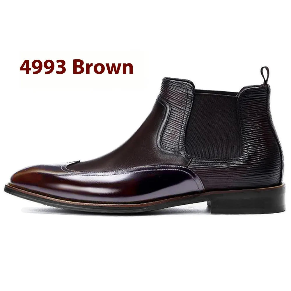 Men's Chelsea boots in black or dark brown faux leather with elastic band and low heel, sizes 38-48
