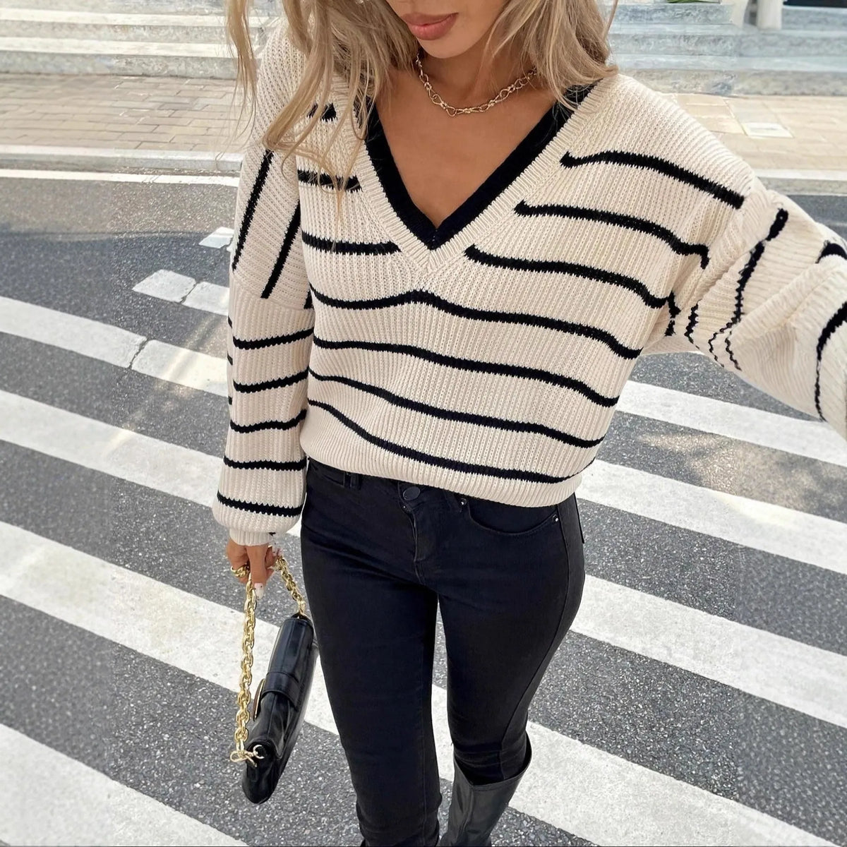 Women's loose striped pullover top in apricot CR89031, contrast colour, sizes S to XXL