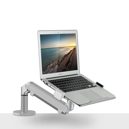 Silver aluminium alloy laptop stand holding a notebook on a desk