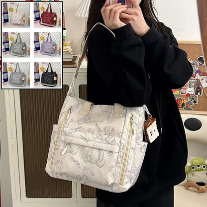Bear print large capacity tote bag with single shoulder strap in multiple colors