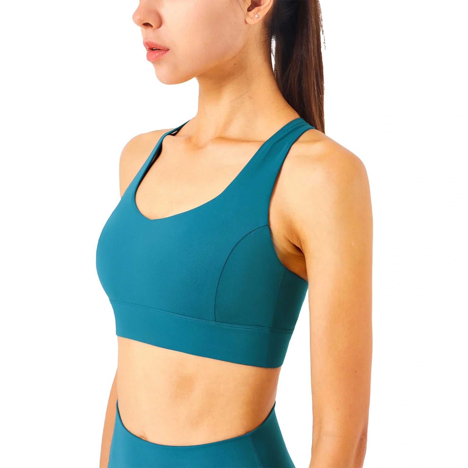 Gather Strength Yoga Bra with mesh panel and detachable chest pad in Black, Pink Pastel, Desert Teal, and Chambray