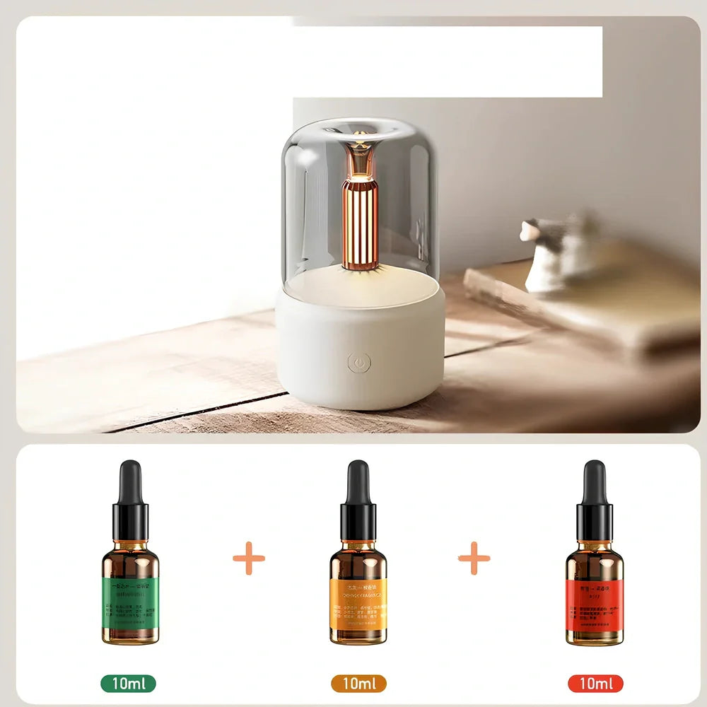 Beige columnar aroma diffuser with candle light simulation, 95x95x150mm dimensions