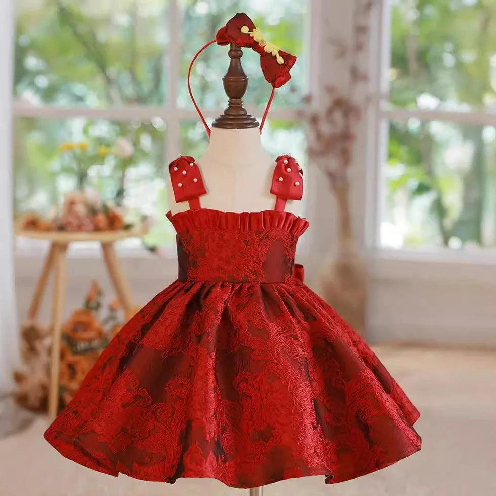 Red princess-style braces skirt for girls with adjustable straps on hanger