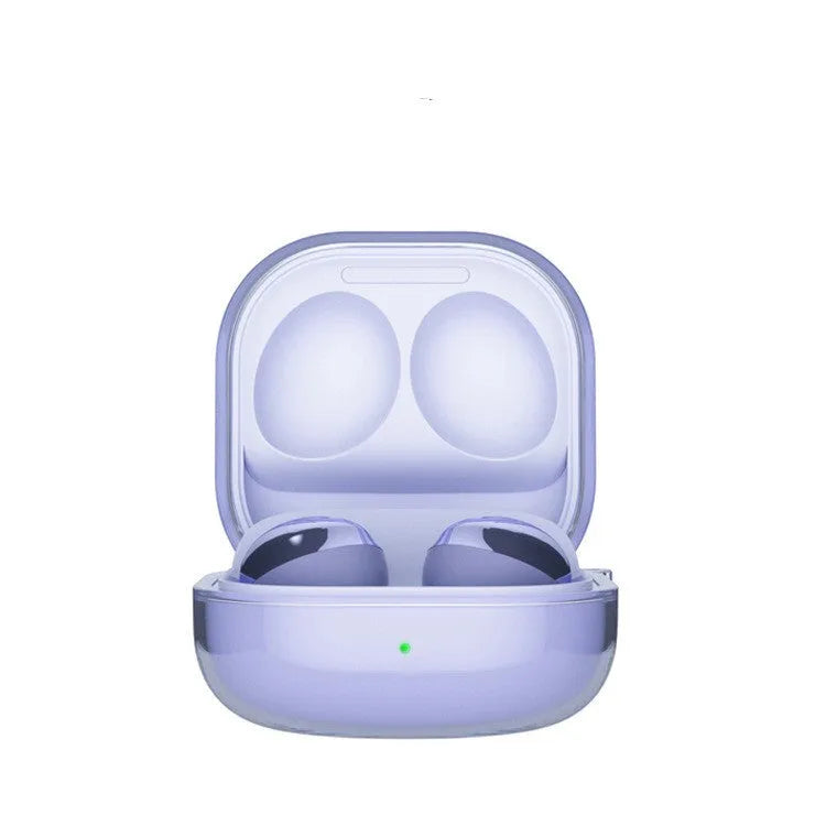Transparent clamshell-style Bluetooth earphone case in translucent black, gold, purple, and clear colours.