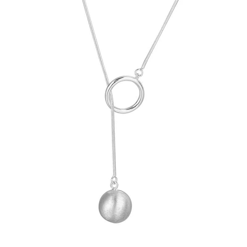 Elegant platinum plated ball necklace with a sleek snake bone chain, perfect for fashionable fall and winter accessorizing