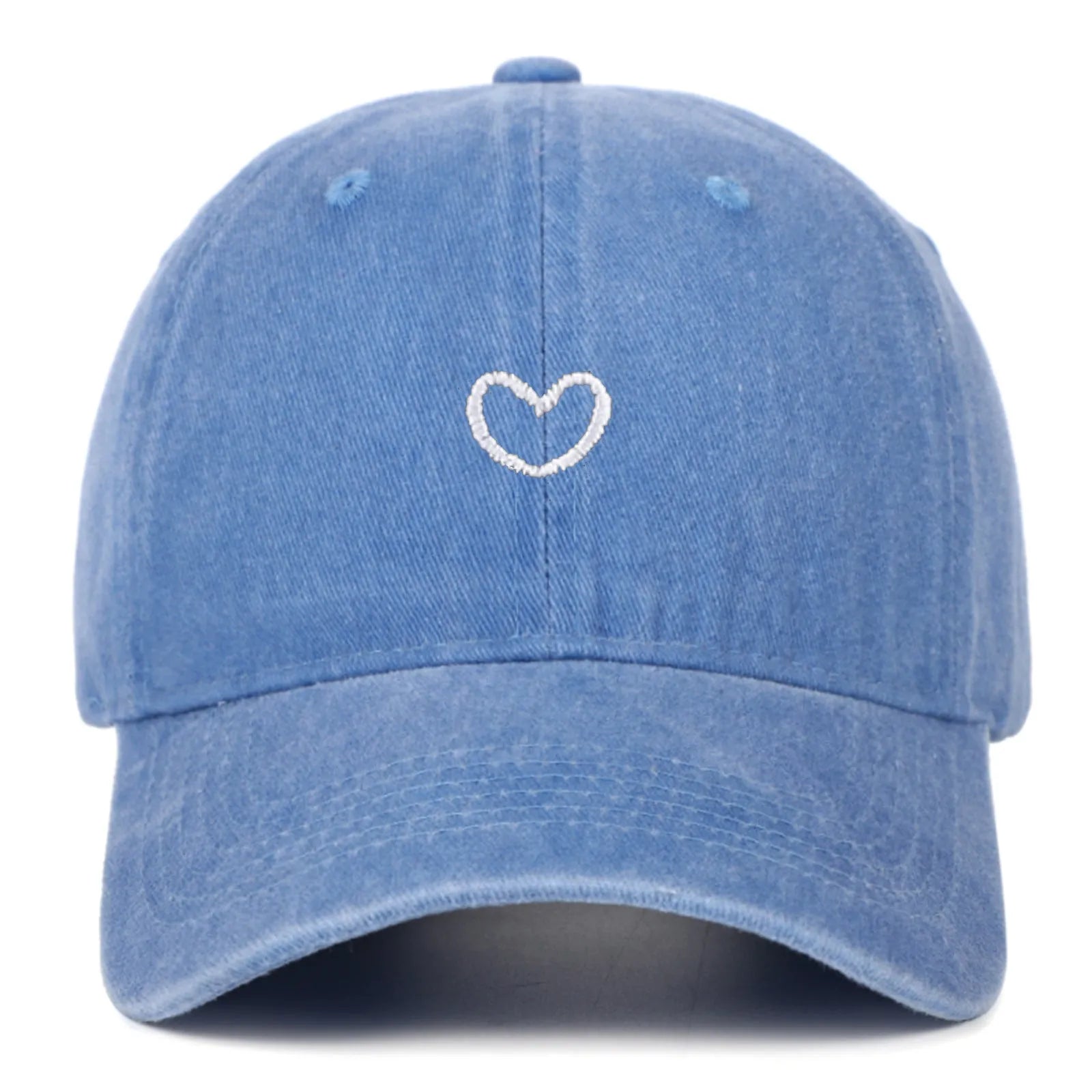 Adjustable cotton baseball cap with embroidered retro love design in various colours.