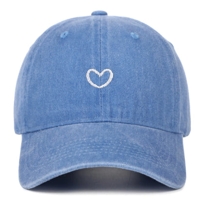 Adjustable cotton baseball cap with embroidered retro love design in various colours.