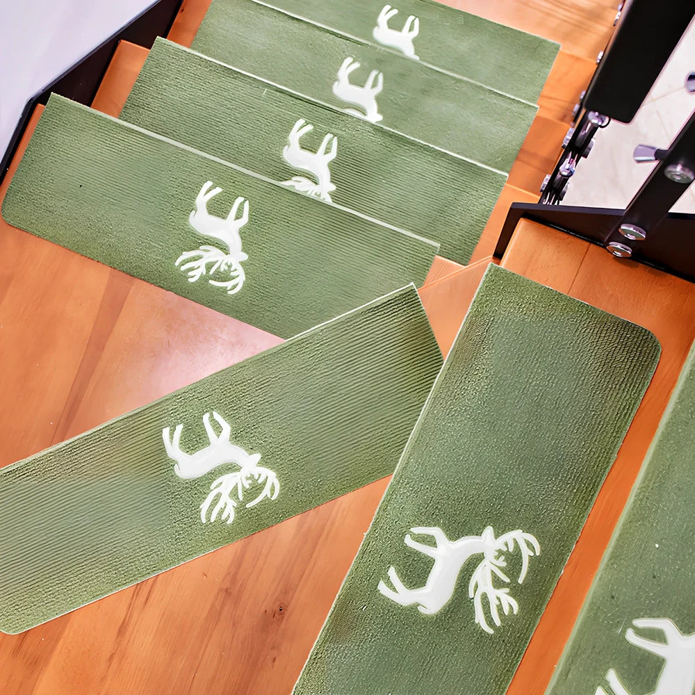 Self-adhesive luminous stair mat with glow strips on wooden staircase, rectangular design with hemmed edges