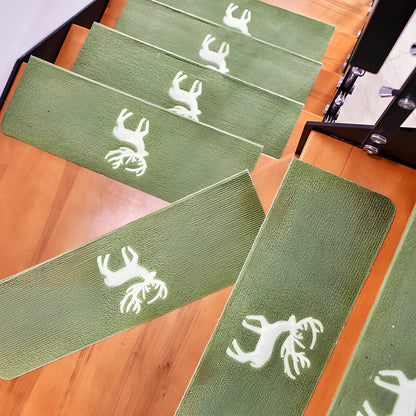 Self-adhesive luminous stair mat with glow strips on wooden staircase, rectangular design with hemmed edges