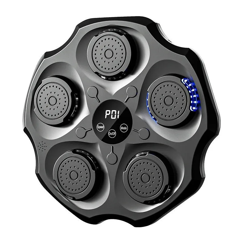 Black hanging boxing wall target with Bluetooth connectivity and included gloves for home fitness training