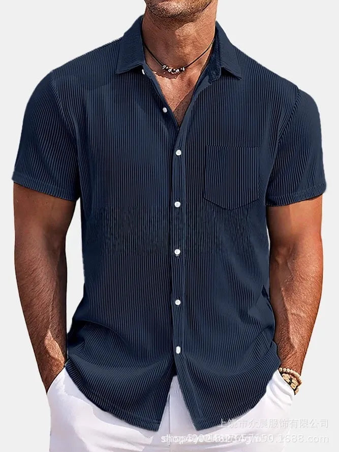 Men's solid colour loose fit short-sleeved shirt with vertical striped detail in a selection of colours.
