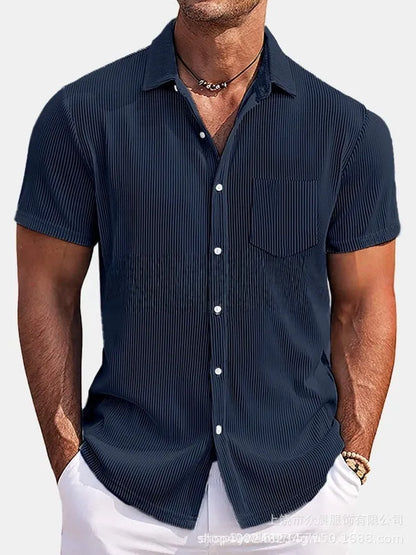 Men's solid colour loose fit short-sleeved shirt with vertical striped detail in a selection of colours.