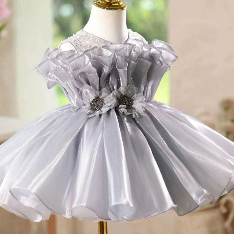 Girls sleeveless princess dress in smoky grey colour with round neckline, suitable for birthday celebrations