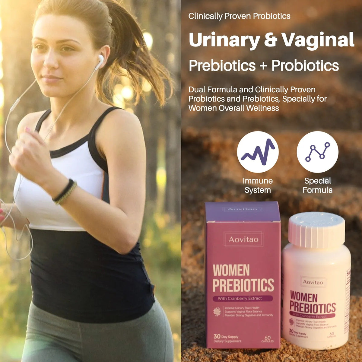 AOVITAO Women's Probiotic 60 Billion CFU capsules with cranberry and Lactobacillus reuteri, 60 count unflavored