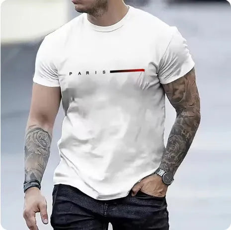 Men's slim-fit 3D printed graphic T-shirt on a hanger showing short sleeves.