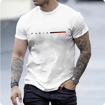 Men's slim-fit 3D printed graphic T-shirt on a hanger showing short sleeves.