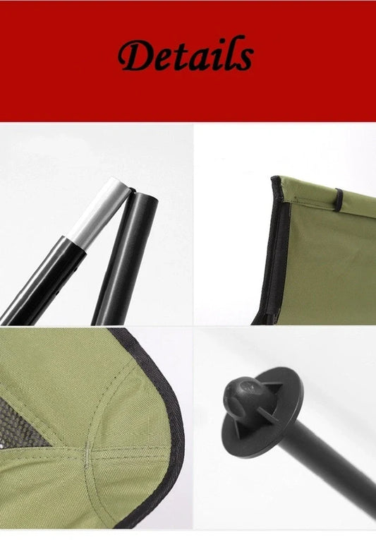 Army green outdoor folding chair with adjustable backrest and legs in reclined position on grass