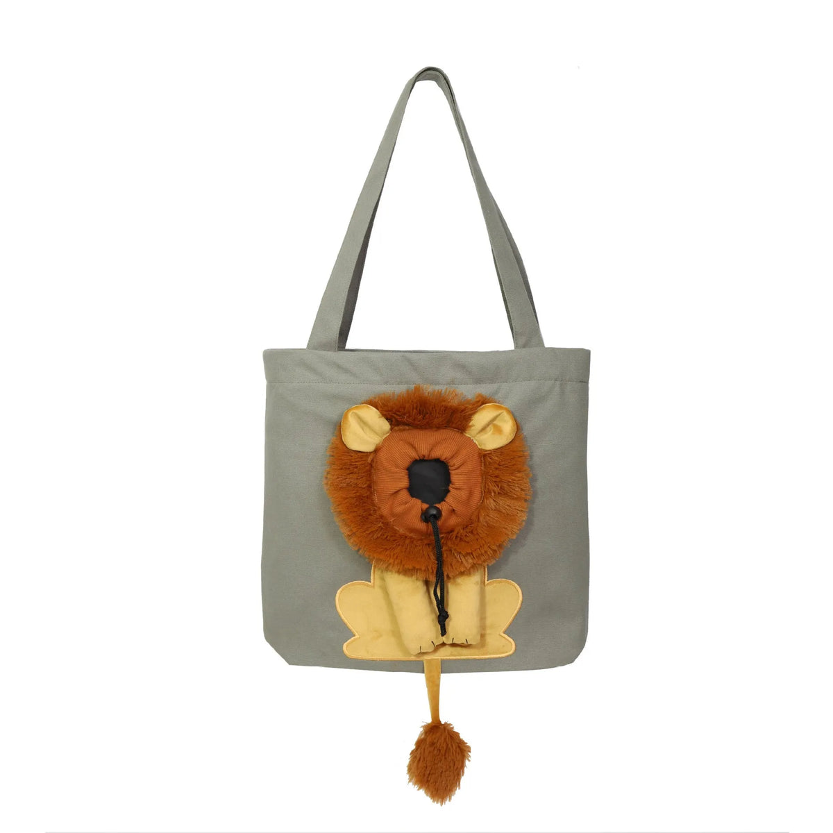 Soft canvas pet carrier bag with lion design, adjustable head opening, and safety zippers for small dogs and cats.