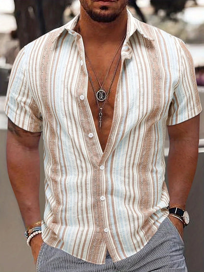 Men's striped short-sleeve shirt in apricot with 3D digital printing and anti-wrinkle fabric