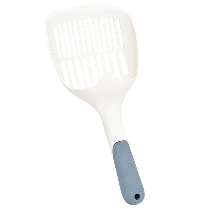 White cat litter shovel with blue detailing, showing large scoop head for pet waste removal